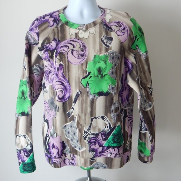 VERSACE COLLECTION Fleece Raglan Flower Print Lilac Pullover Sweatshirt MED NWT - Picture 1 of 13